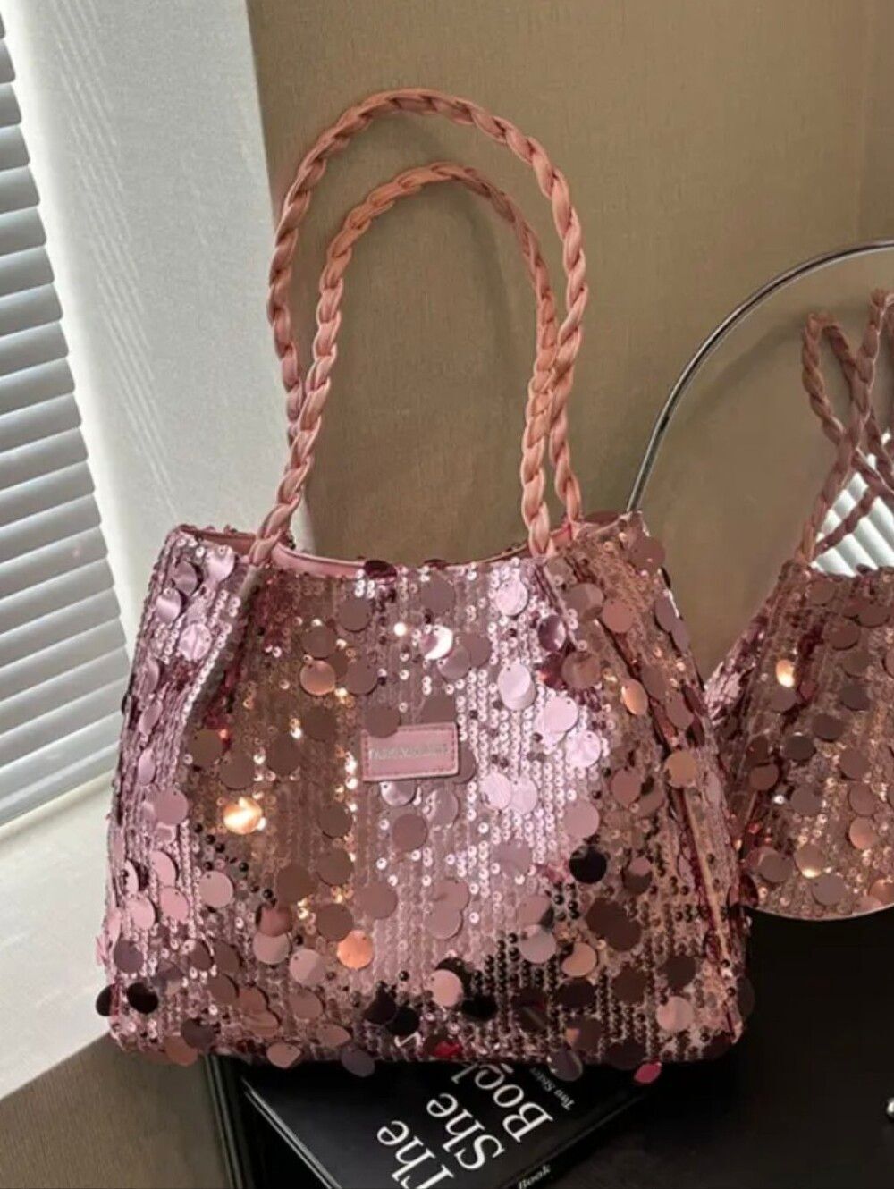 Pink Sequins Shoulder Tote Bag